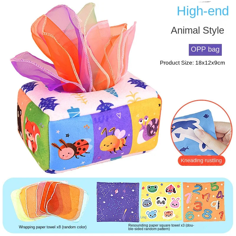 Boîte à mouchoirs Montessori en tissu– éveil sensoriel pour bébé 6-18 mois