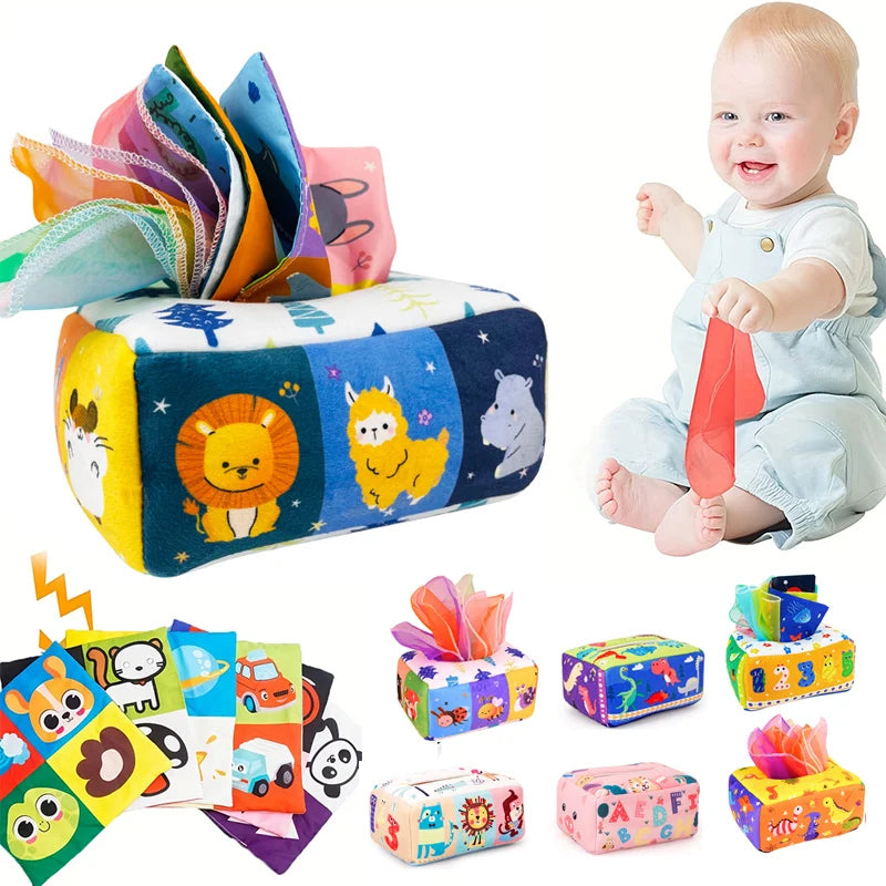 Boîte à mouchoirs Montessori en tissu– éveil sensoriel pour bébé 6-18 mois