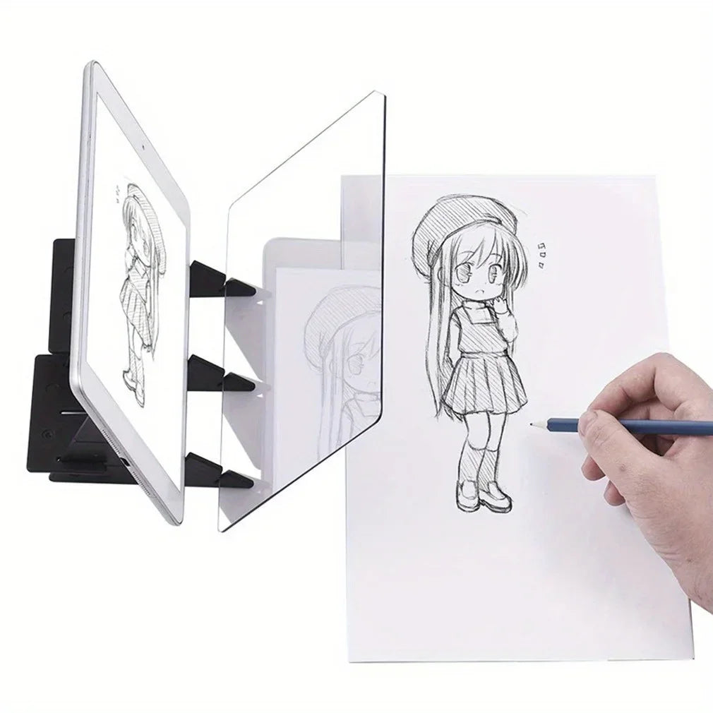 Planche à dessin optique Ludéo: un enfant trace sur sa feuille l'image vue à travers la vitre, un téléphone posé à plat à la base